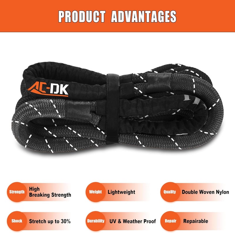 AC-DK Kinetic Recovery Rope (1in x 30ft ‎Black) 48000lbs Snatch Strap,Heavy Duty Stretch Nylon Towing Ropes with 2pcs Soft Shackles for Offroad Vehicle,Jeep,SUV,ATV,UTV,Tractor Elastic Ropes Kit - Image 2